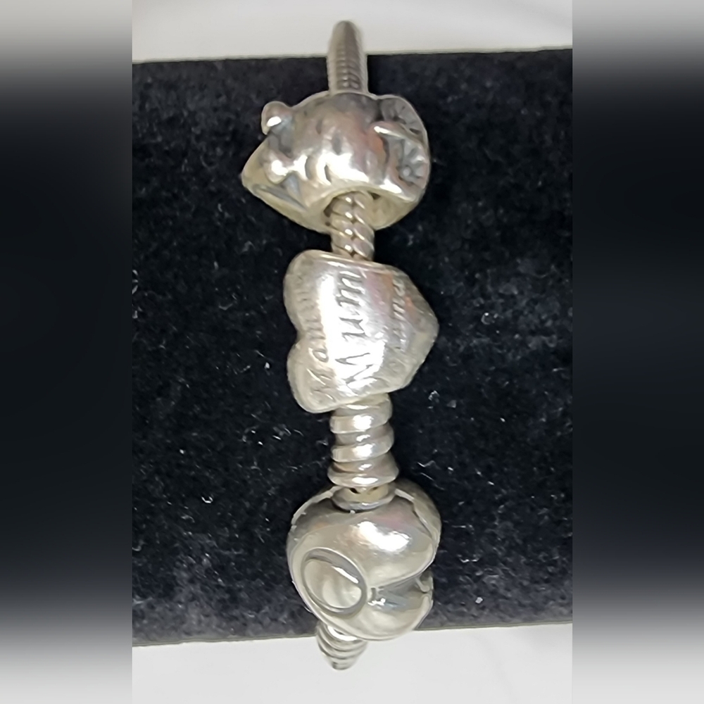 Pandora Sterling Silver Charm Bracelet w/heart-shaped clasp & 2 Charms